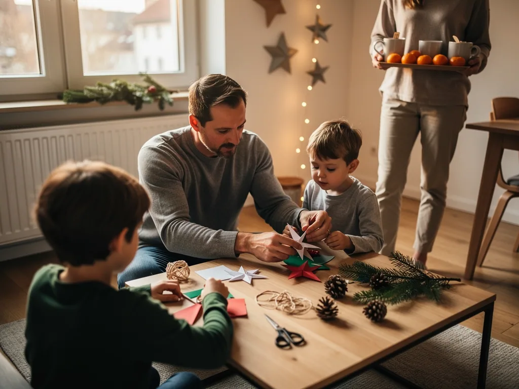 Vater bastelt mit zwei Kindern Papiersterne am Wohnzimmertisch, daneben Tannenzweige, Zapfen, Schere und Schnur.