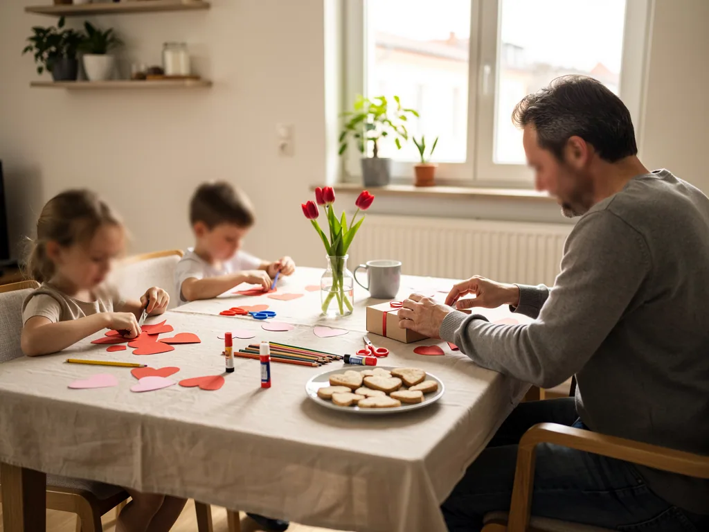 Vater bastelt mit zwei Kindern Valentinsherzen aus Papier an einem Tisch mit Stiften, Kleber und roten Tulpen.