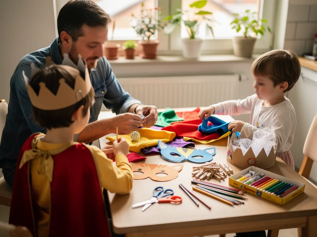 Vater bastelt mit zwei kleinen Kindern Kostüme, Kronen und Masken am Tisch mit Stoffen und Stiften.