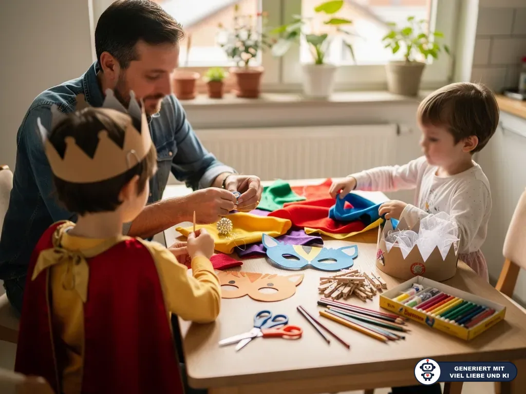 Vater bastelt mit zwei kleinen Kindern Kostüme, Kronen und Masken am Tisch mit Stoffen und Stiften. (mit KI erstellt)