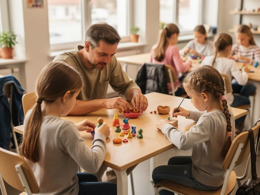 Vater bastelt mit zwei Mädchen an einem Tisch, weitere Kinder arbeiten im Hintergrund in einem hellen Raum.