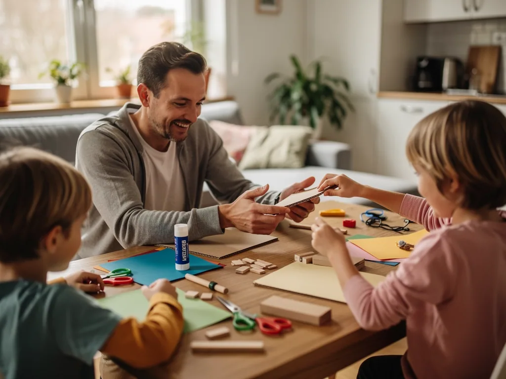 Vater bastelt und werkt mit zwei Kindern am Esstisch mit Papier, Scheren, Holzklötzen und Kleber.