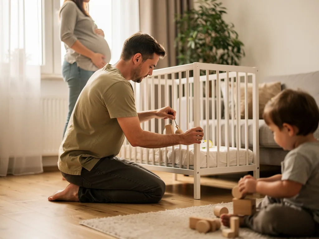 Vater baut ein Babybett auf, während schwangere Partnerin und Kleinkind im Wohnzimmer dabei sind.