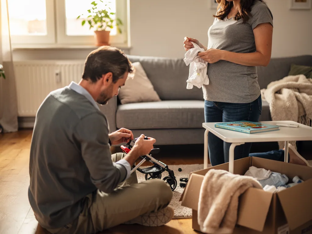 Vater baut einen Kinderwagen auf, während die schwangere Partnerin Babykleidung sortiert.