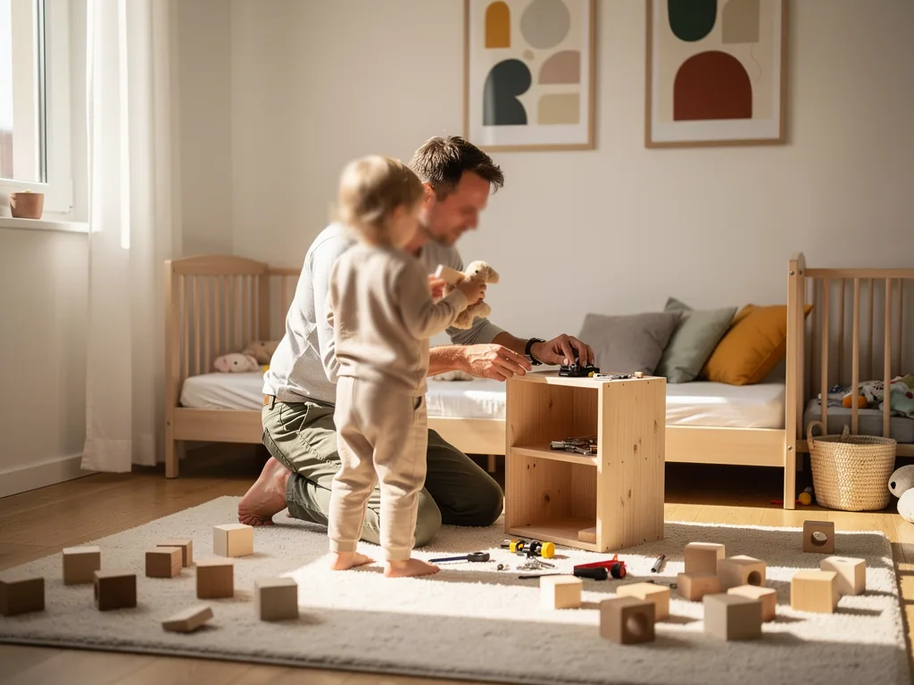 Vater baut im hellen Babyzimmer ein Holzregal auf, während ein Kleinkind mit Spielzeug danebensteht.