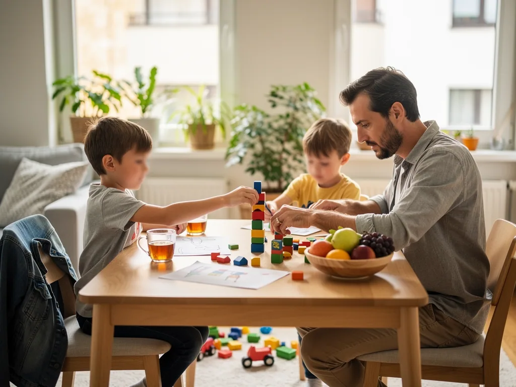 Vater baut mit zwei Kindern am Tisch bunte Bausteine; daneben Getränke, Obstschale und Blätter.