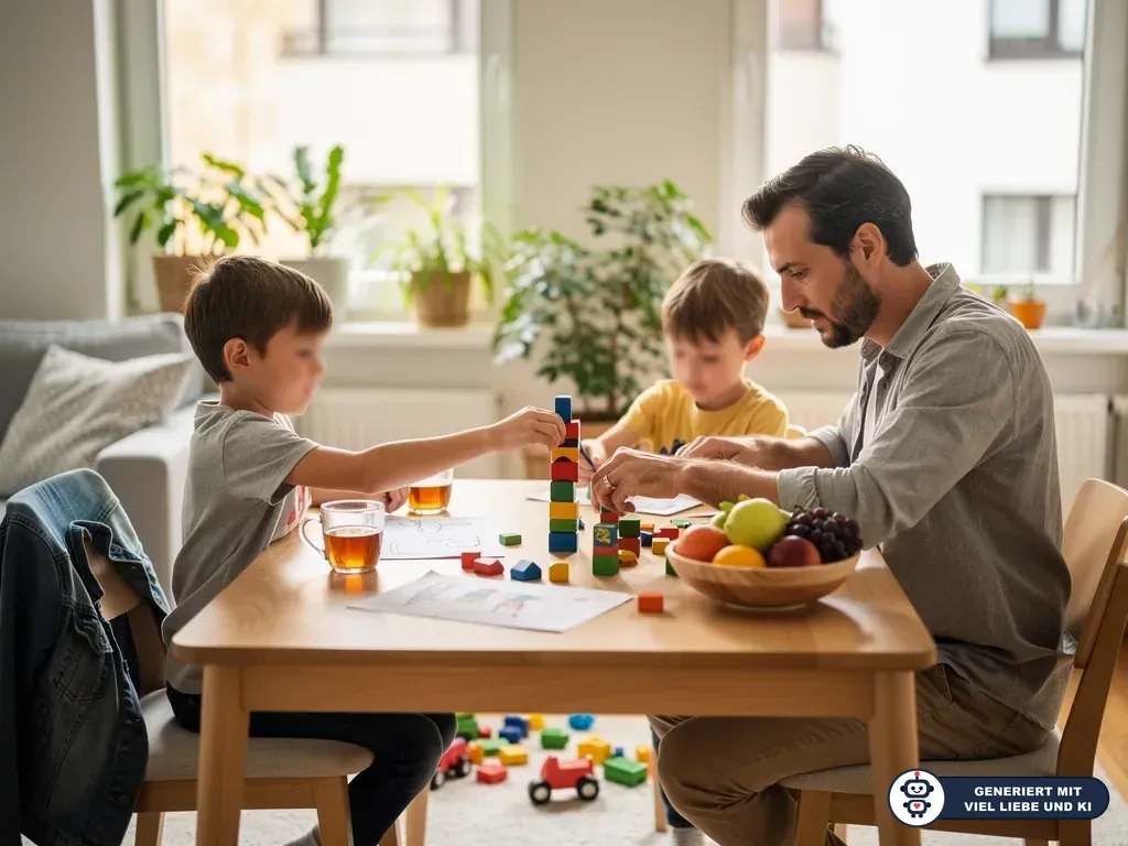 Vater baut mit zwei Kindern am Tisch bunte Bausteine; daneben Getränke, Obstschale und Blätter. (mit KI erstellt)