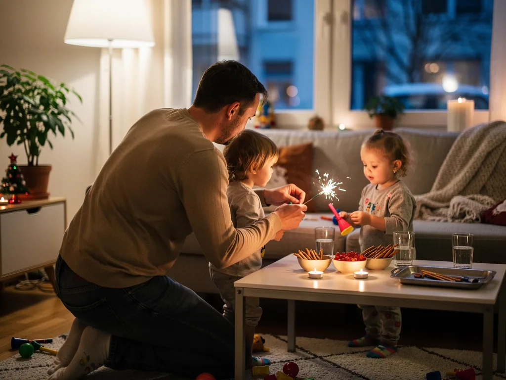 Vater beaufsichtigt zwei kleine Kinder mit brennender Wunderkerze im Wohnzimmer an Silvester.