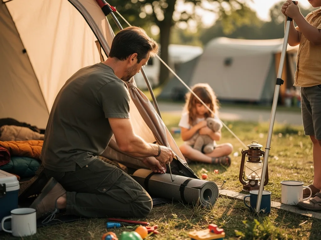 Vater befestigt am Zelt eine Isomatte, während zwei Kinder in sicherem Abstand auf dem Campingplatz warten.