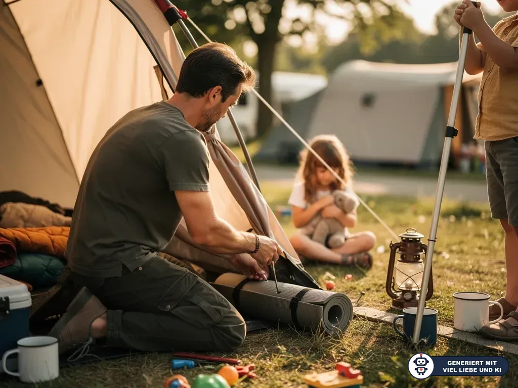 Vater befestigt am Zelt eine Isomatte, während zwei Kinder in sicherem Abstand auf dem Campingplatz warten. (mit KI erstellt)