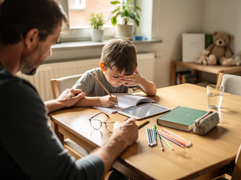 Vater begleitet Kind bei Hausaufgaben, Brille liegt auf dem Tisch neben Stiften, Tablet und Heft.