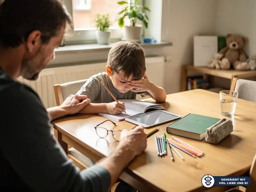 Vater begleitet Kind bei Hausaufgaben, Brille liegt auf dem Tisch neben Stiften, Tablet und Heft. (mit KI erstellt)