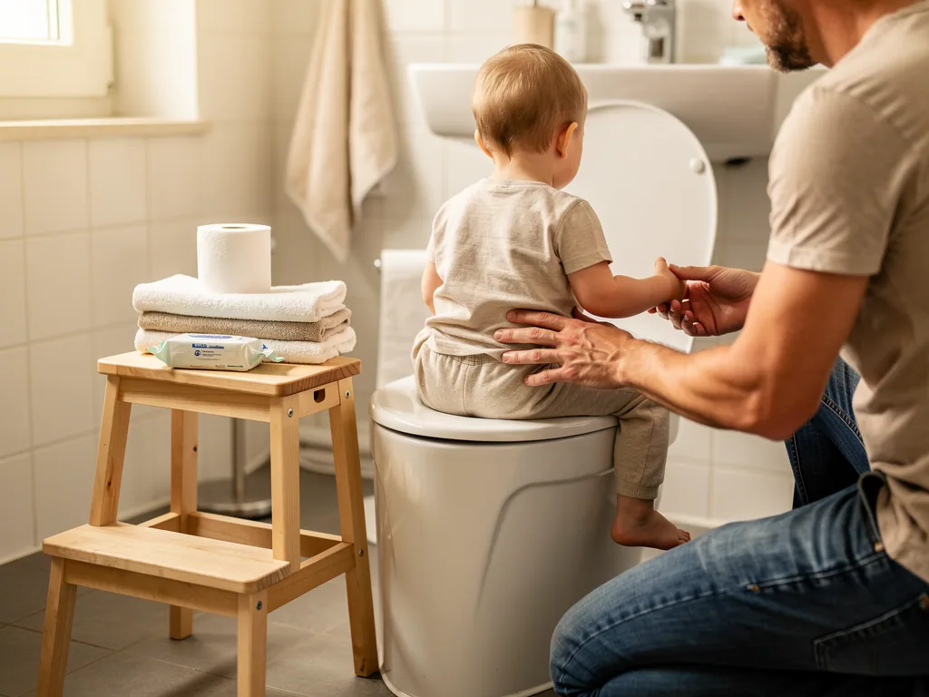 Vater begleitet Kleinkind auf der Toilette, daneben stehen Hocker, Handtücher, Feuchttücher und Toilettenpapier.