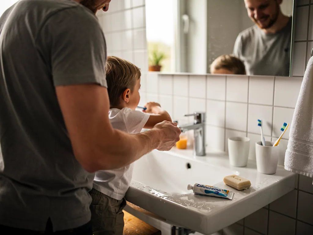 Vater begleitet sein Kind am Waschbecken beim Zähneputzen im Badezimmer.