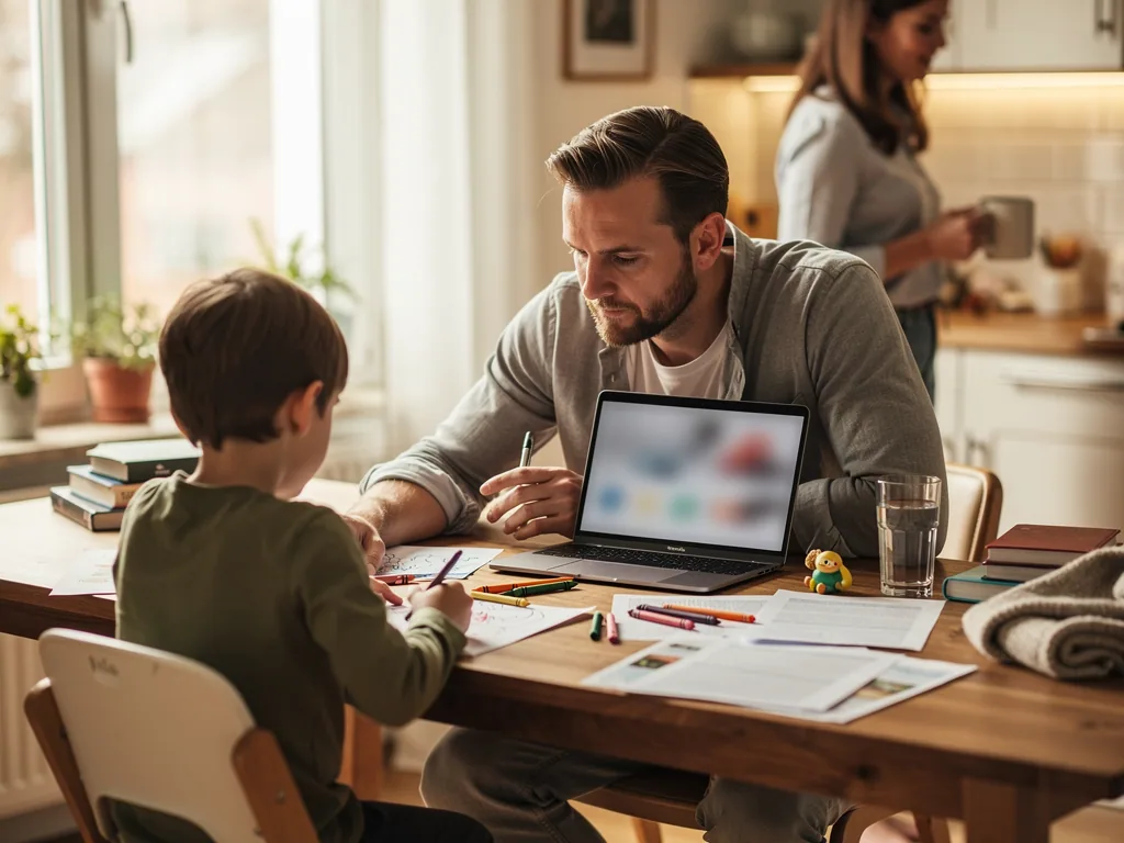 Vater begleitet Sohn am Küchentisch beim Malen und Schreiben, mit Laptop, Büchern und Stiften vor ihnen.