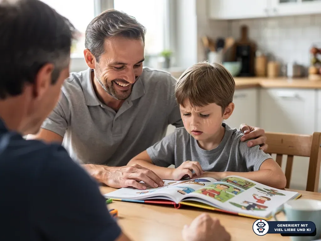 Vater begleitet weinenden Jungen beim Lesen eines Bilderbuchs am Küchentisch, eine weitere Person sitzt dabei. (mit KI erstellt)