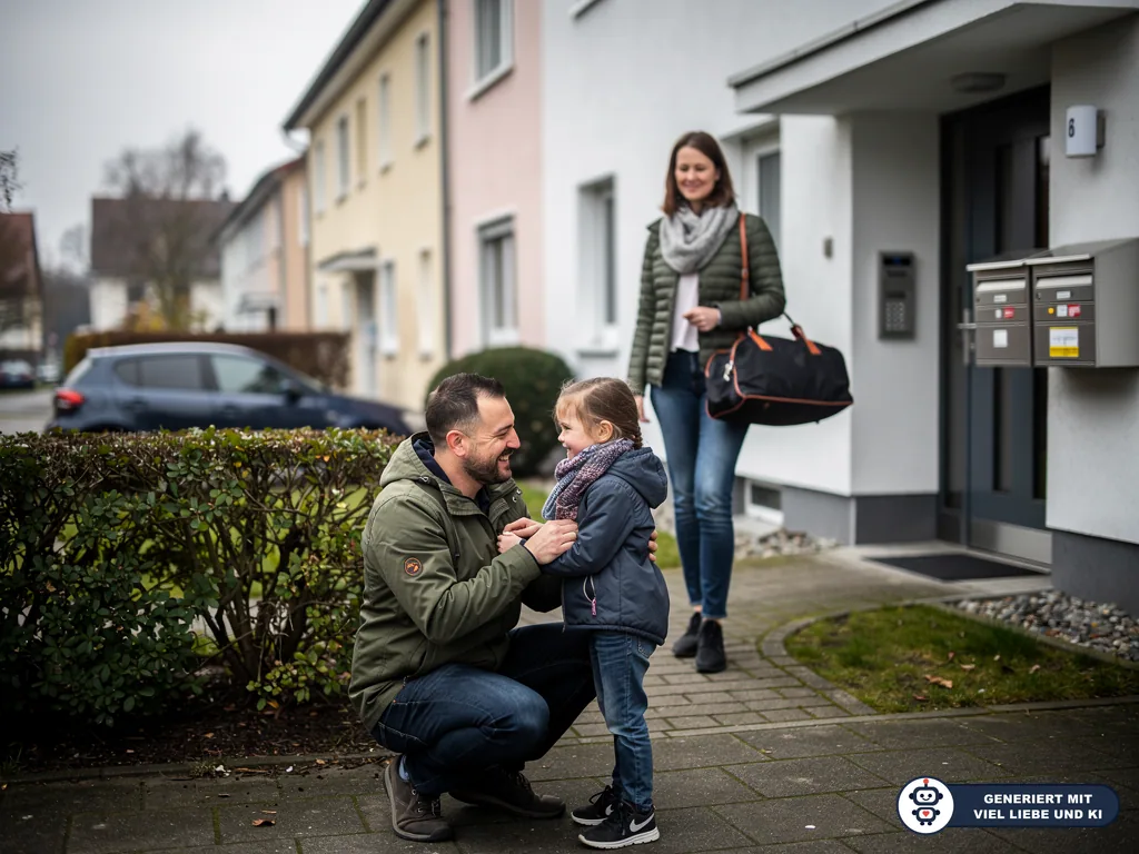 Vater begrüßt seine Tochter vor einem Wohnhaus, während die Mutter mit Reisetasche im Hintergrund steht. (mit KI erstellt)