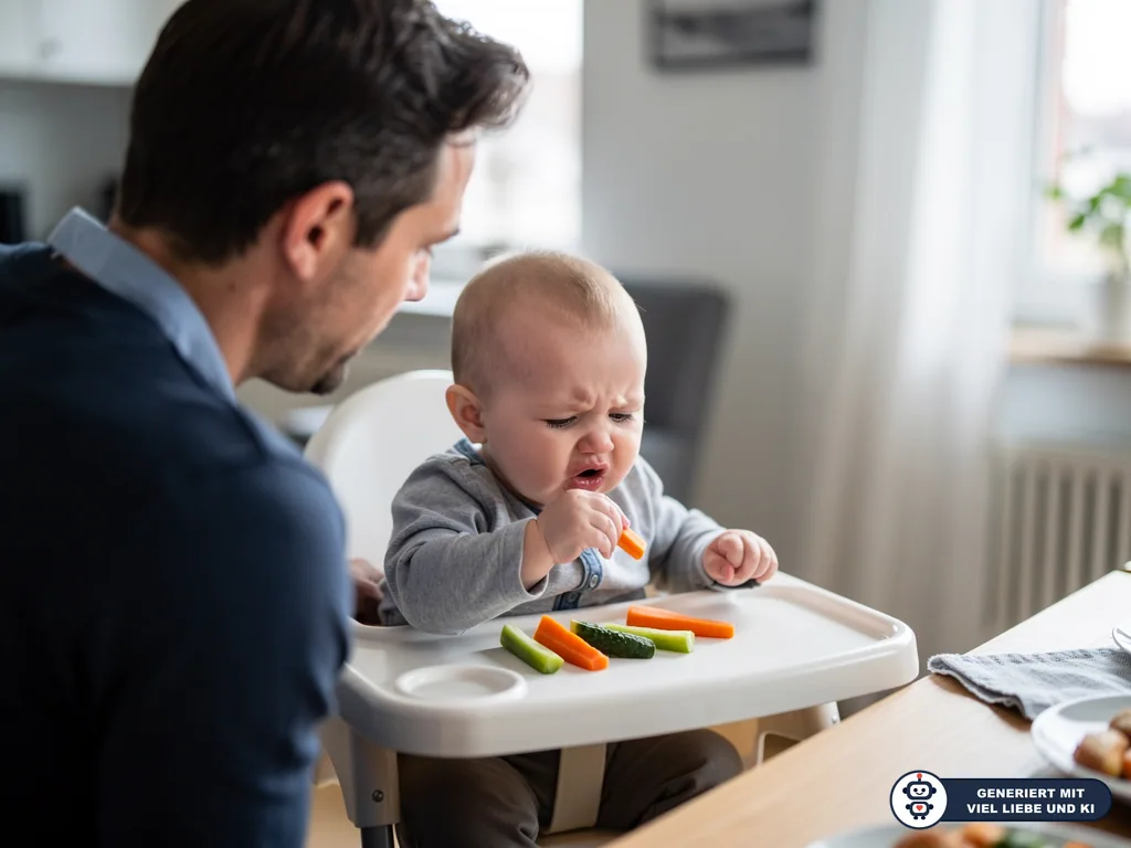 Vater beobachtet Baby im Hochstuhl, das Gemüsesticks vom Tablett selbstständig probiert. (mit KI erstellt)