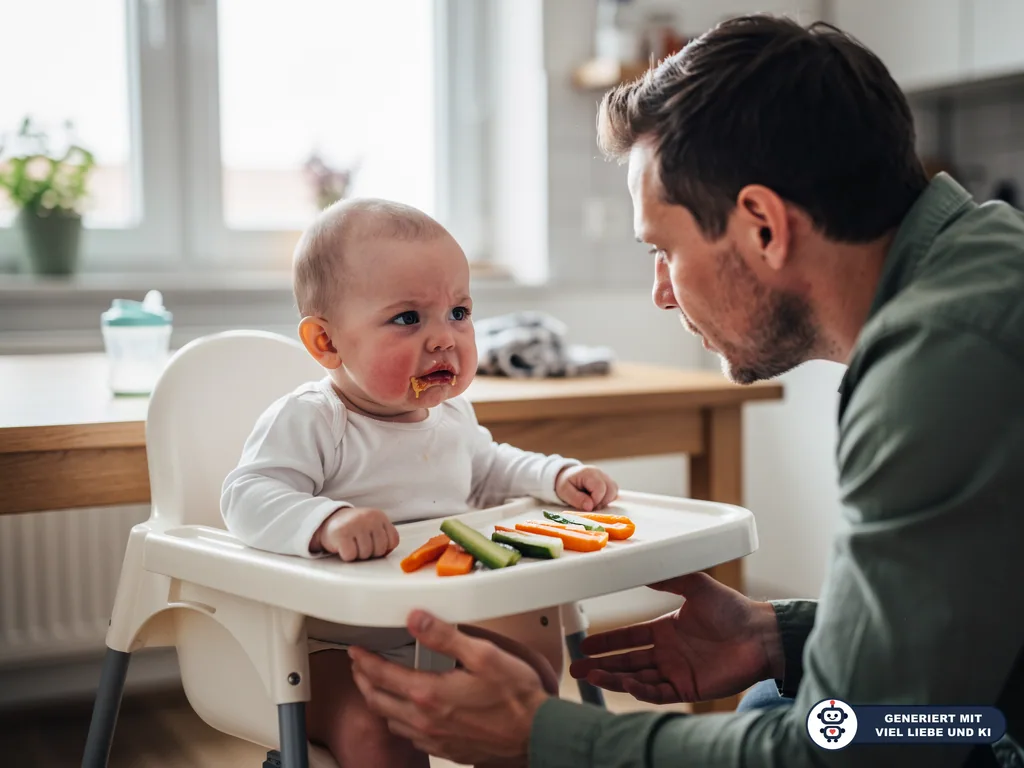 Vater beobachtet Baby im Hochstuhl mit Gemüsesticks auf dem Tablett beim Baby-led Weaning. (mit KI erstellt)