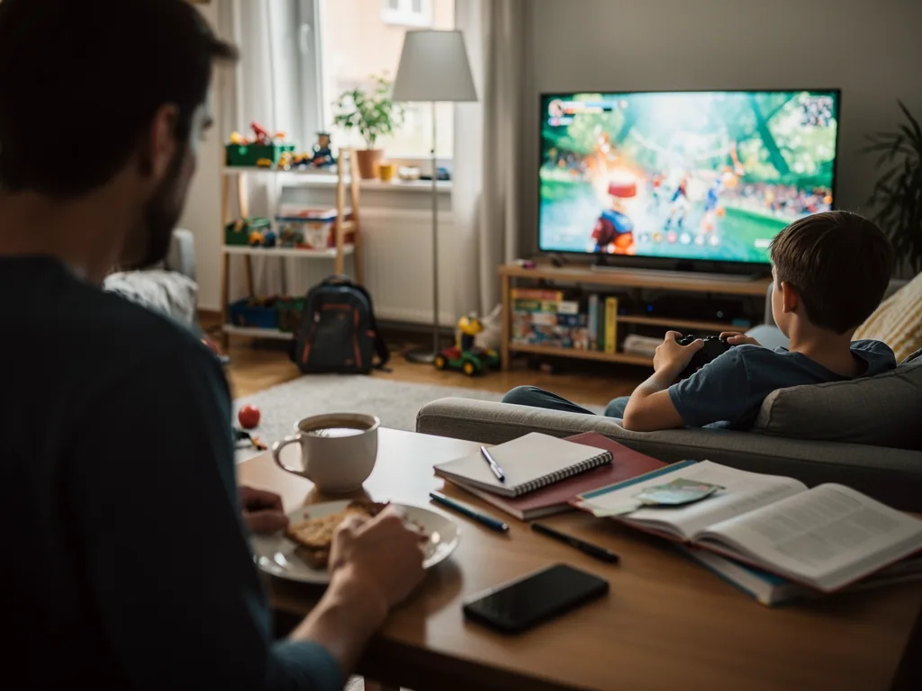 Vater beobachtet Kind beim Videospielen im Wohnzimmer, während Hausaufgabenhefte auf dem Tisch liegen.