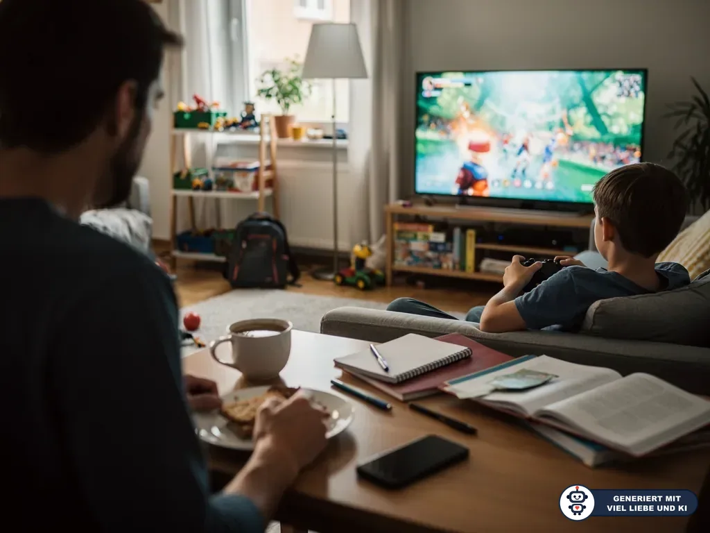 Vater beobachtet Kind beim Videospielen im Wohnzimmer, während Hausaufgabenhefte auf dem Tisch liegen. (mit KI erstellt)