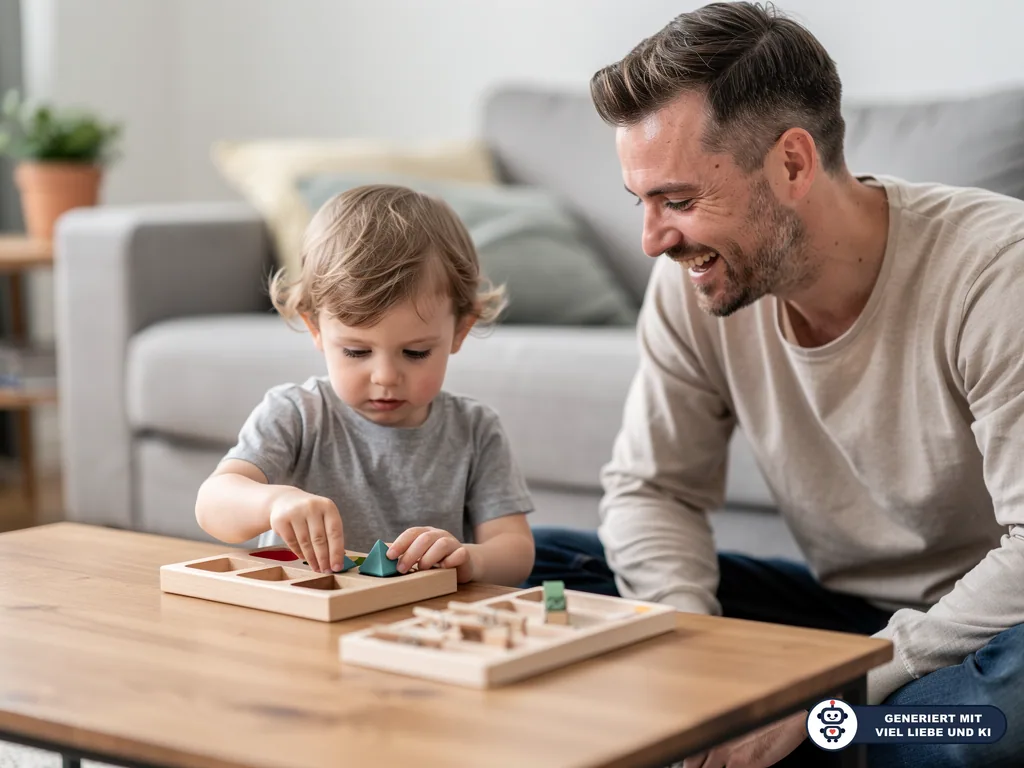 Vater beobachtet Kleinkind beim Spielen mit Holz-Formenpuzzle am Wohnzimmertisch. (mit KI erstellt)