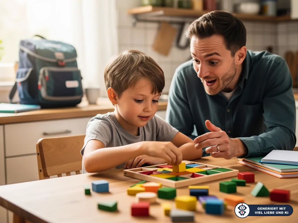 Vater beobachtet seinen Sohn beim Lösen eines bunten Holzpuzzles am Küchentisch. (mit KI erstellt)