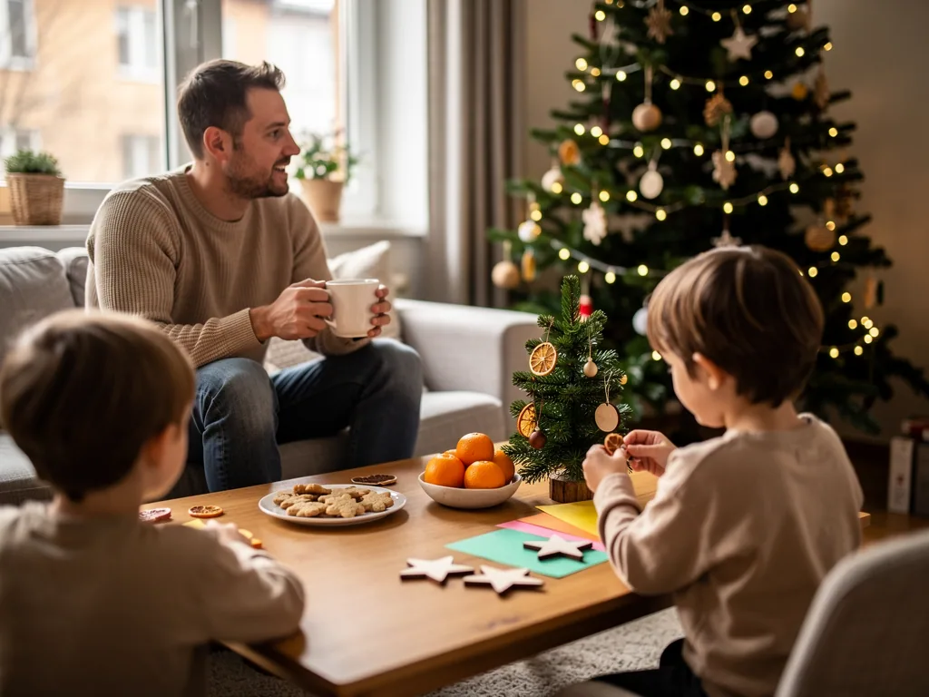 Vater beobachtet zwei Kinder beim Basteln von Weihnachtsschmuck am Tisch vor beleuchtetem Weihnachtsbaum.