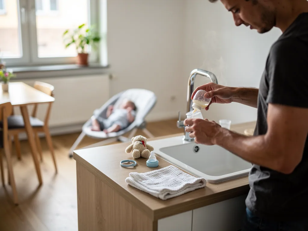 Vater bereitet an der Spüle ein Fläschchen zu, während sein Baby in einer Wippe im hellen Raum liegt.