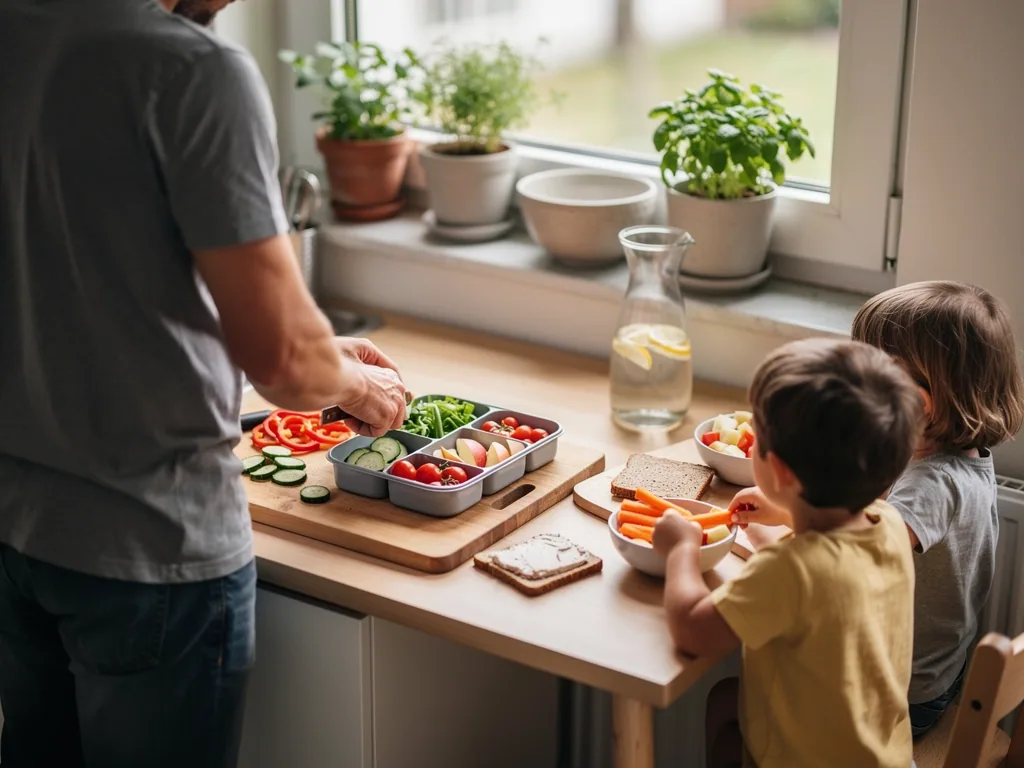 Vater bereitet Gemüse und Obst vor, zwei Kinder sitzen am Tisch mit Karotten, Brot und Wasser.
