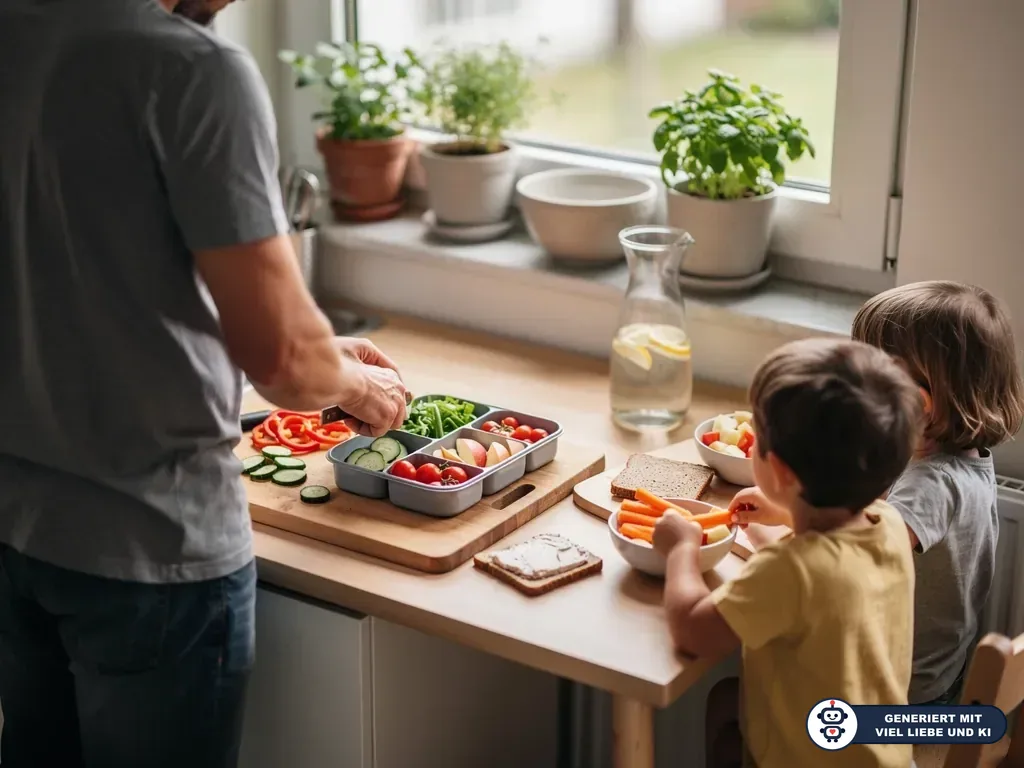 Vater bereitet Gemüse und Obst vor, zwei Kinder sitzen am Tisch mit Karotten, Brot und Wasser. (mit KI erstellt)