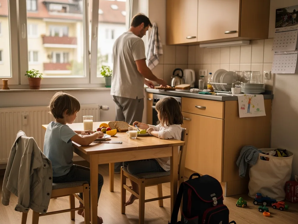Vater bereitet in der Küche Essen vor, während zwei Kinder am Tisch frühstücken.