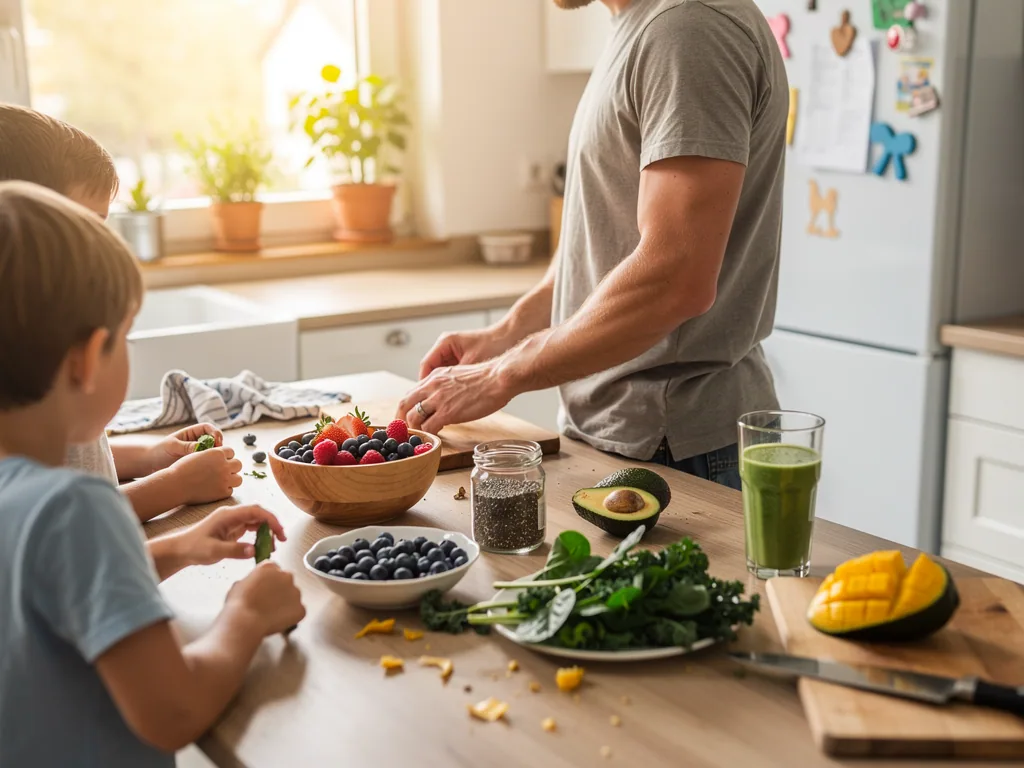 Vater bereitet in der Küche mit Kindern Beeren, Grünkohl, Avocado und grünen Smoothie zu.