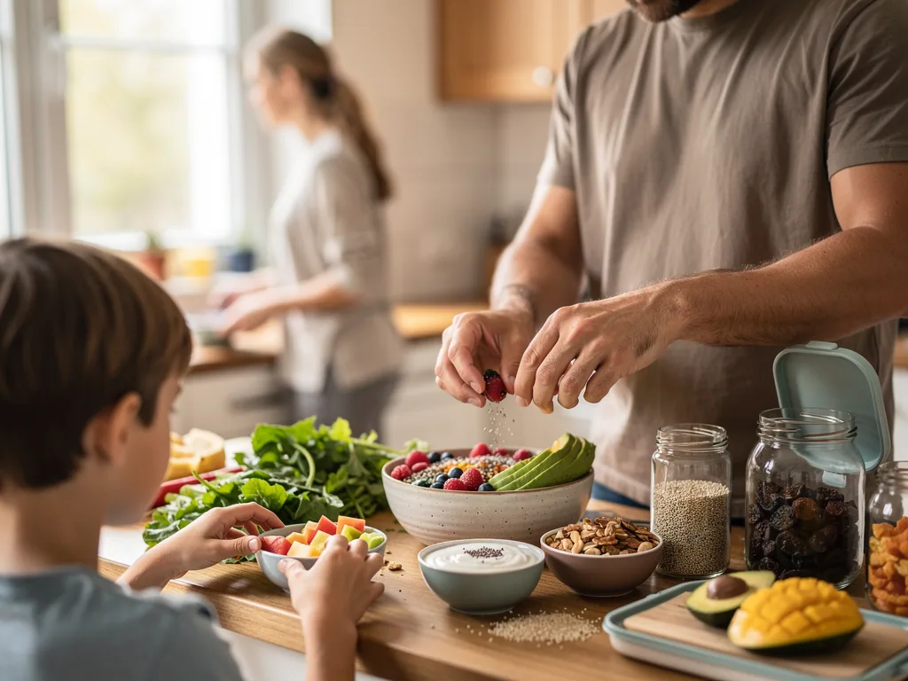 Vater bereitet mit Kind in der Küche Bowls mit Beeren, Avocado, Nüssen, Quinoa und Obst zu.