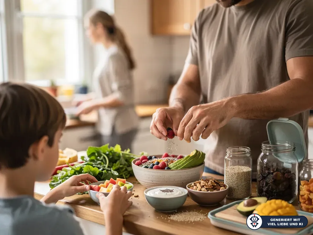 Vater bereitet mit Kind in der Küche Bowls mit Beeren, Avocado, Nüssen, Quinoa und Obst zu. (mit KI erstellt)