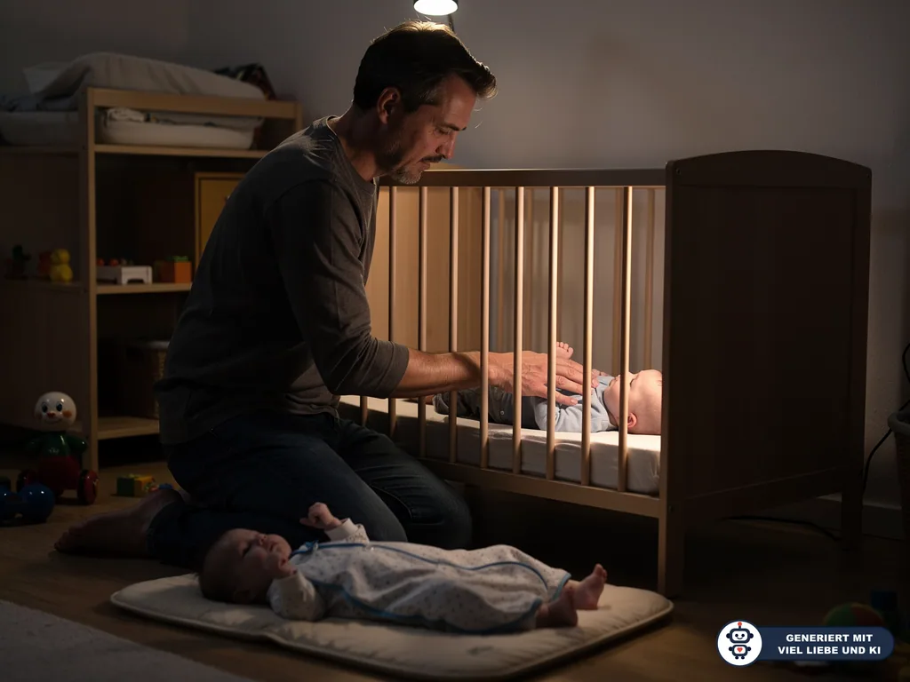 Vater beruhigt ein Baby im Gitterbett, während ein zweites Baby auf einer Matte im abgedunkelten Kinderzimmer liegt. (mit KI erstellt)