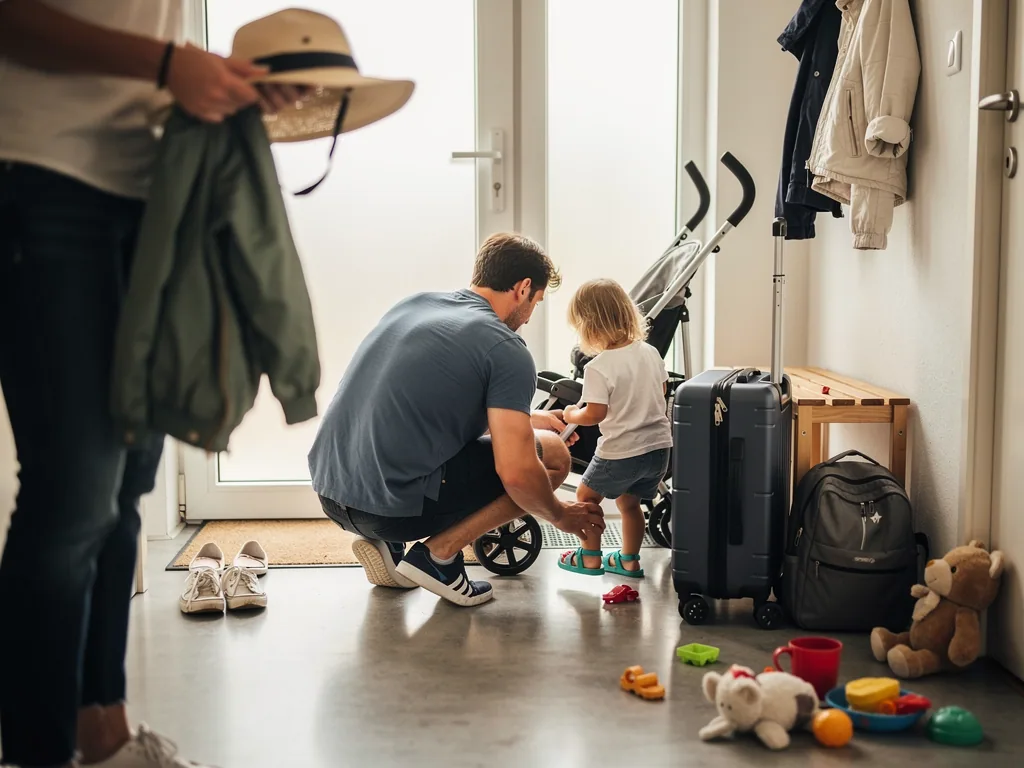 Vater beruhigt ein Kleinkind am Buggy, daneben Koffer, Rucksack und Spielzeug im Flur vor der Reise.