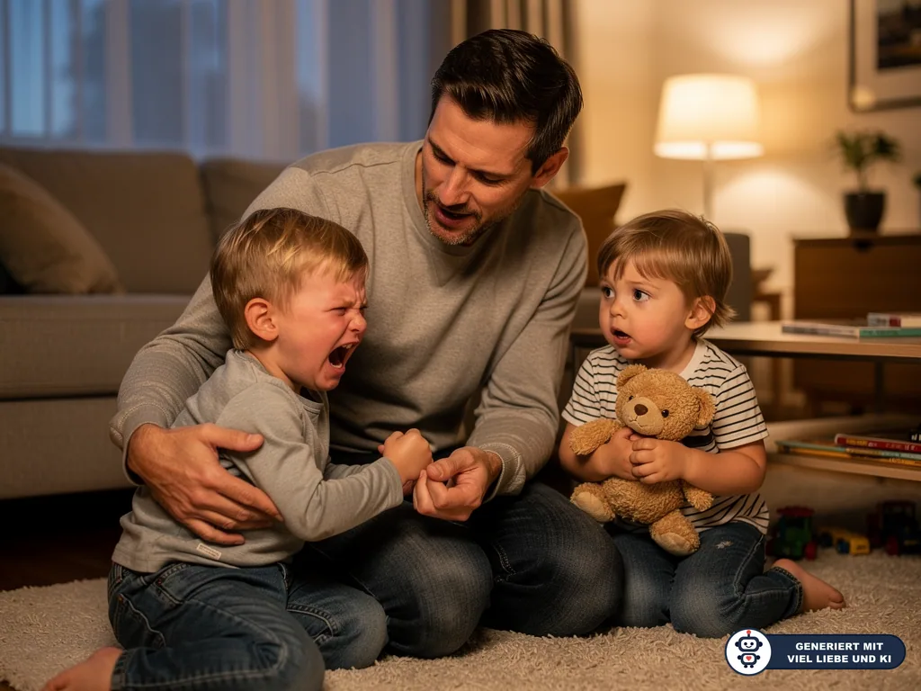 Vater beruhigt ein weinendes Kleinkind, während ein zweites Kind mit Teddy im Wohnzimmer zusieht. (mit KI erstellt)