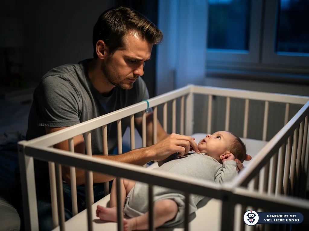 Vater beruhigt nachts ein Baby in Rückenlage in einem leeren Gitterbett. (mit KI erstellt)