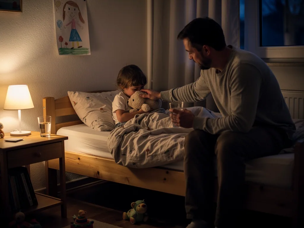 Vater beruhigt nachts ein Kind im Bett, hält ein Wasserglas und streichelt dessen Kuscheltier.