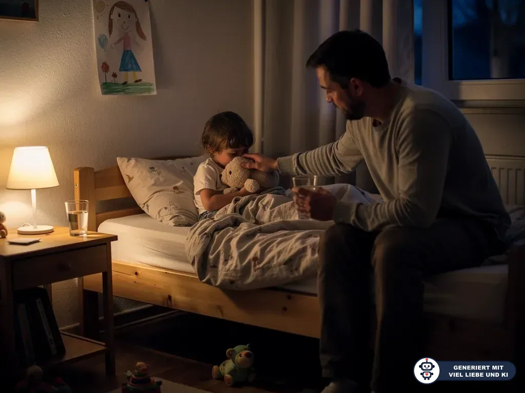 Vater beruhigt nachts ein Kind im Bett, hält ein Wasserglas und streichelt dessen Kuscheltier. (mit KI erstellt)