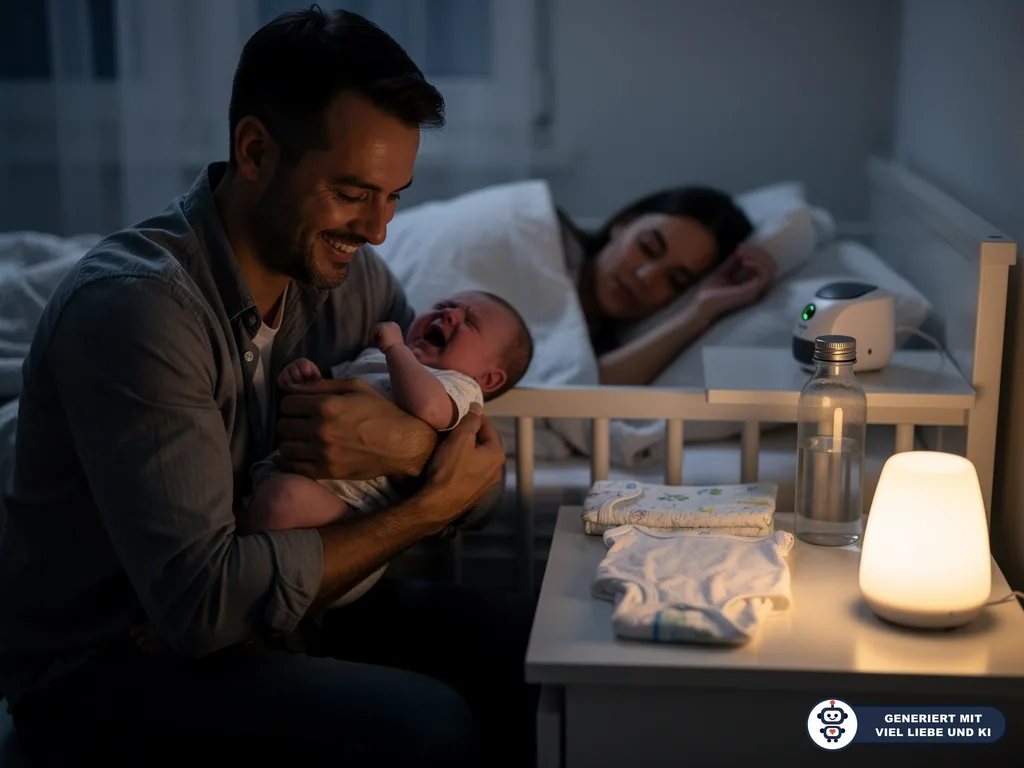 Vater beruhigt nachts ein weinendes Baby, während die Mutter im Bett schläft und ein Nachtlicht leuchtet. (mit KI erstellt)