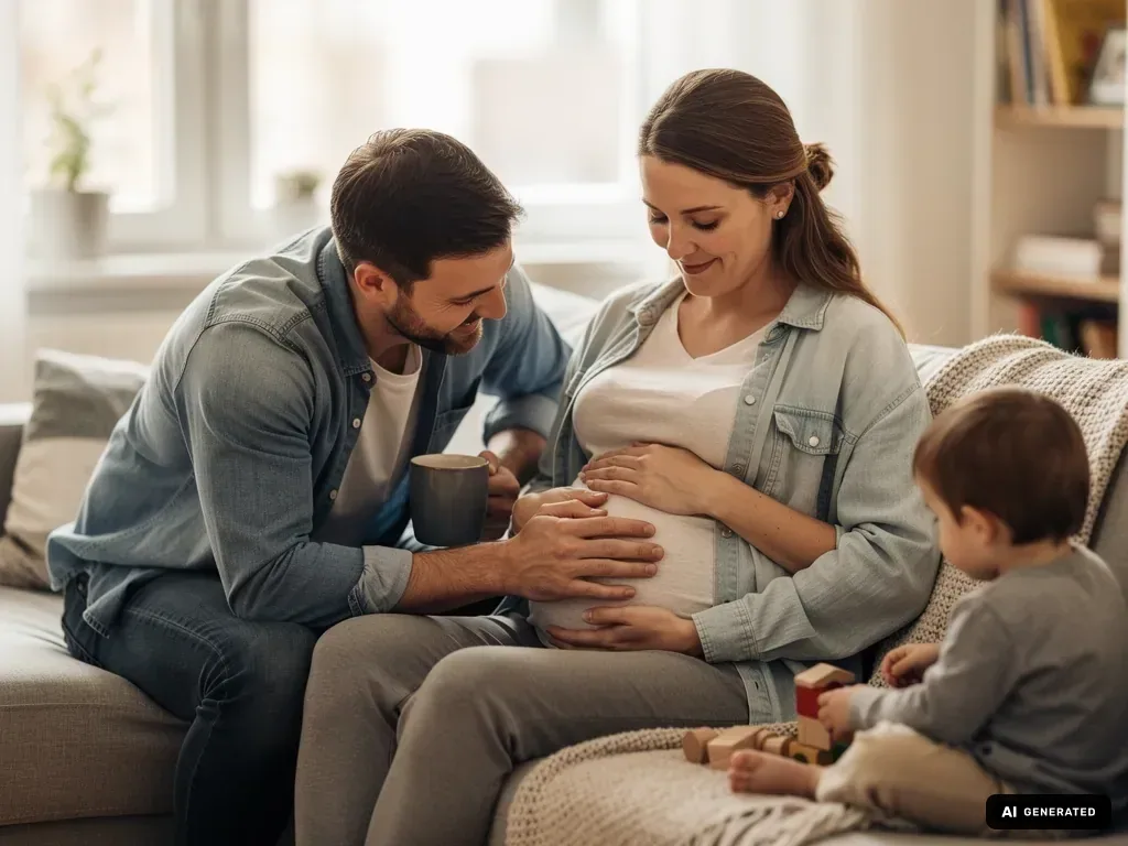 Vater berührt den Babybauch der Schwangeren auf dem Sofa, daneben spielt ein Kleinkind mit Holzklötzen. (mit KI erstellt)