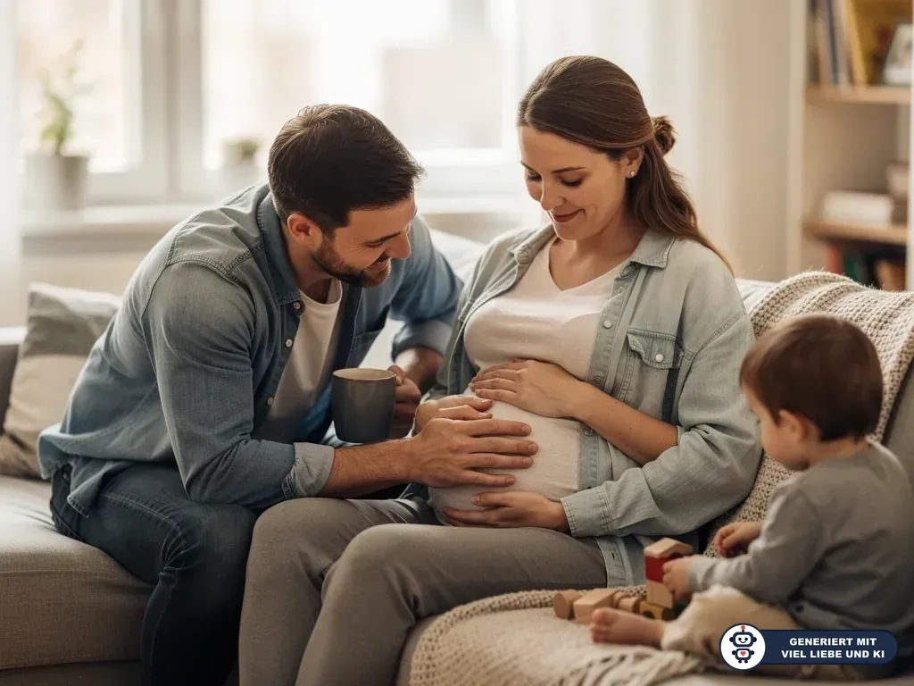 Vater berührt den Babybauch der Schwangeren auf dem Sofa, daneben spielt ein Kleinkind mit Holzklötzen. (mit KI erstellt)