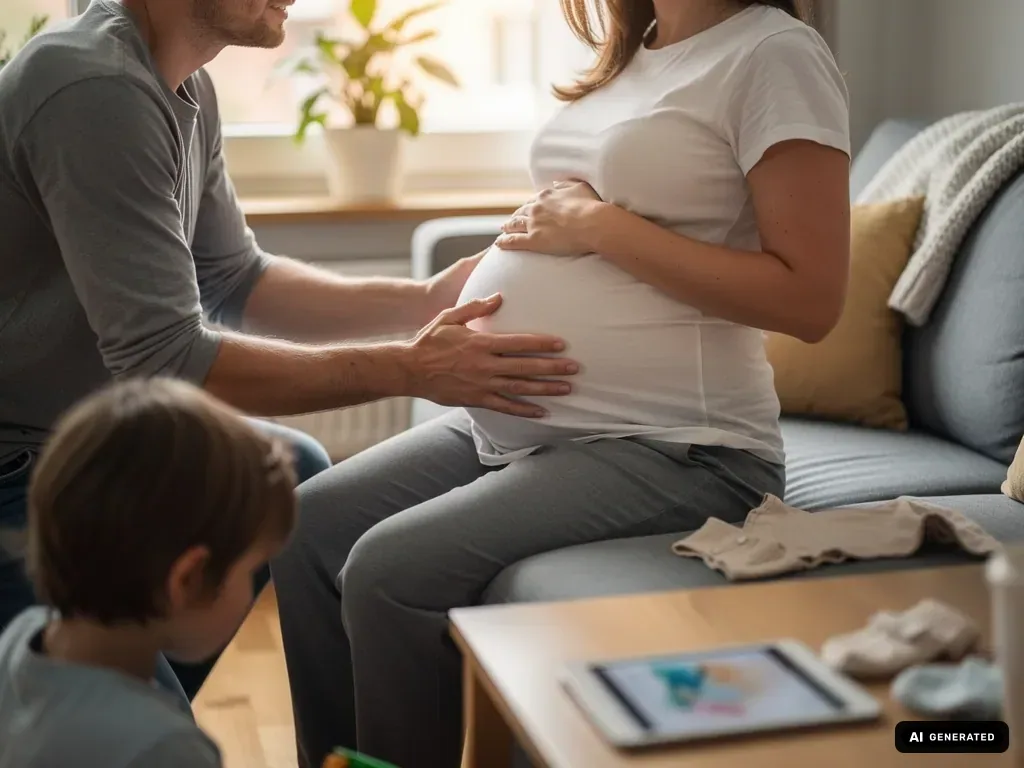 Vater berührt den Babybauch der Schwangeren, ein Kind sitzt daneben im Wohnzimmer. (mit KI erstellt)
