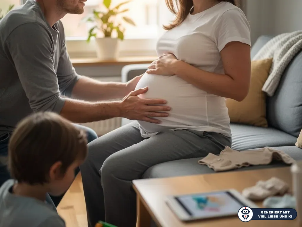 Vater berührt den Babybauch der Schwangeren, ein Kind sitzt daneben im Wohnzimmer. (mit KI erstellt)