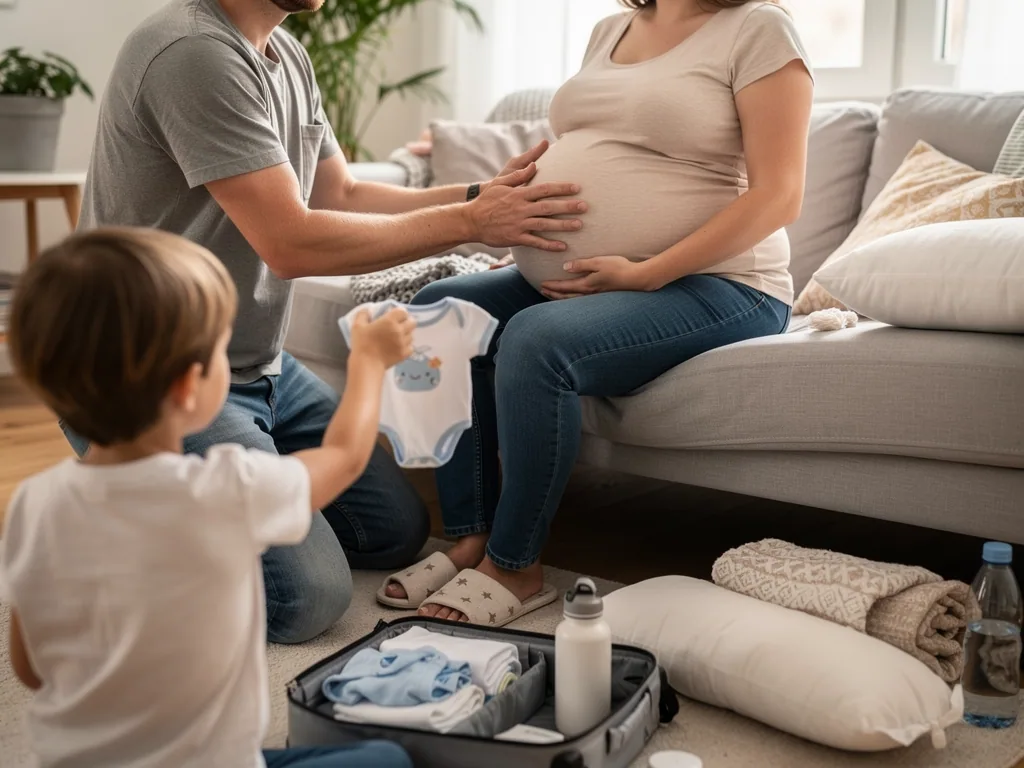 Vater berührt den Bauch seiner schwangeren Partnerin, während ein Kind Babybody und Kliniktasche bereithält.