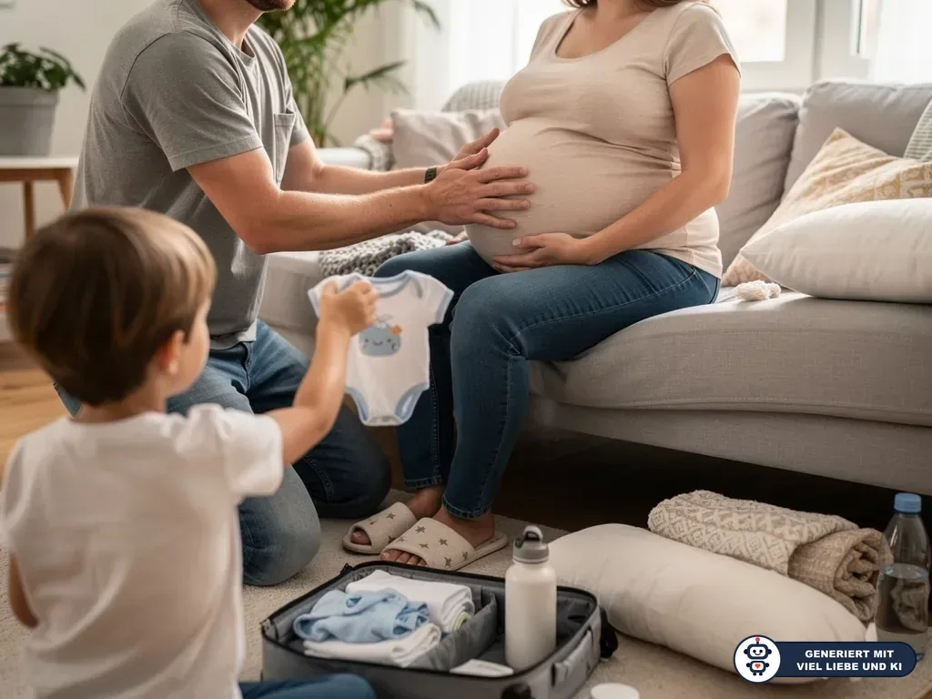 Vater berührt den Bauch seiner schwangeren Partnerin, während ein Kind Babybody und Kliniktasche bereithält. (mit KI erstellt)