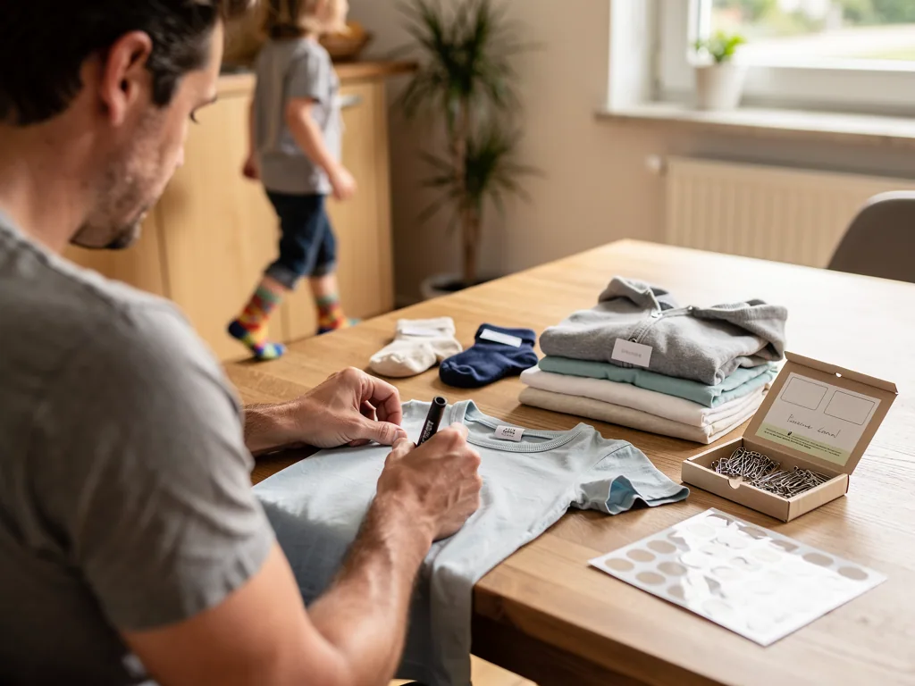 Vater beschriftet ein Kinder-T-Shirt am Tisch; daneben liegen Kleidung, Etiketten und Sicherheitsnadeln.