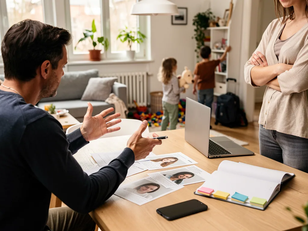 Vater bespricht Au-pair-Bewerbungen am Tisch, während Kinder spielen und eine Frau daneben steht.
